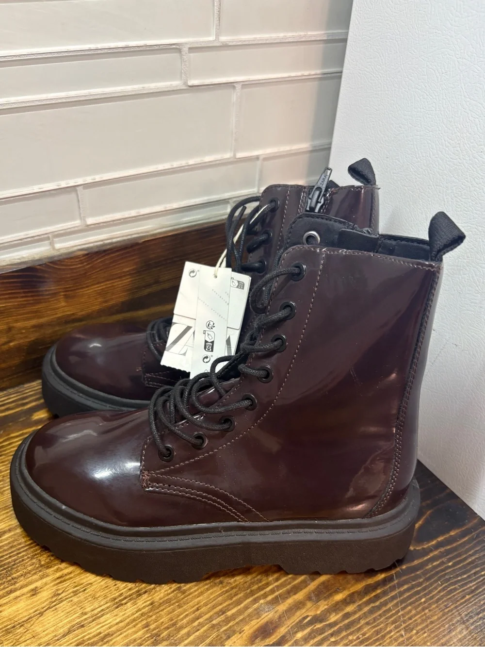 Zara Patent Burgundy Combat Boots Girls Size 3.5